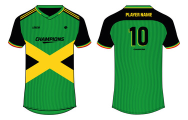 Sports t-shirt jersey design concept vector template, v neck Jamaica Football jersey concept with front and back view for Soccer, Cricket, Volleyball, Rugby, tennis, badminton uniform kit