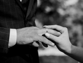 Wall Mural - Cropped shot of groom putting a wedding ring