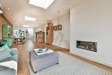 Interior of bright living room with stylish furniture