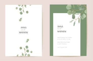 Poster - Wedding realistic eucalyptus, green leaf branches floral Save the Date set. Vector leaves greenery boho invitation