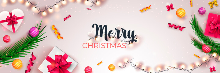 Aufkleber - Merry Christmas 2022 banner. Holiday white background with pine, gifts, glowing garlands, balls, ribbons. Xmas celebration poster. Vector illustration with realistic elements for header website
