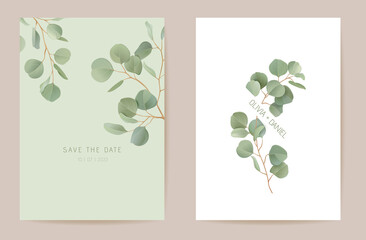 Wall Mural - Wedding eucalyptus, green leaf branches floral Save the Date set. Vector exotic leaves greenery boho invitation