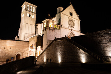 Wall Mural - Assisi Basilica by night,  Umbria region, Italy. The town is famous for the most important Italian Basilica dedicated to St. Francis - San Francesco.