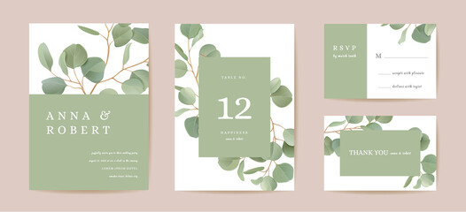 Wall Mural - Wedding realistic eucalyptus, green leaf branches floral Save the Date set. Vector leaves greenery boho card