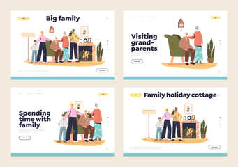 Poster - Family gathering landing pages set with parents, grandparents and kids generation together