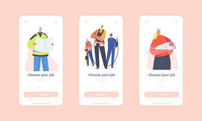Poster - Choose your Job Mobile App Page Onboard Screen Template. Industrial Workers Characters Builder, Engineer and Architect