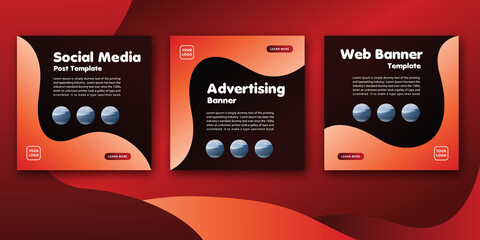 Square banner template set for ads with a red color background. Suitable for social media post and web internet ads. Vector illustration with 3 images