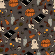 vector seamless pattern halloween eps . Doodle potion and wiccan symbols, pumpkin and skull , mushrooms and autumn leaves