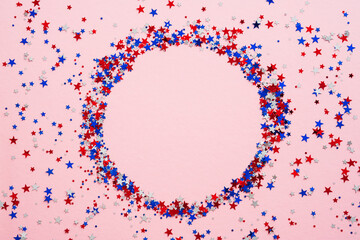 Wall Mural - Happy Labor Day banner mockup with American flag color confetti circle on pink background. USA Independence Day, Memorial Day, US Veterans day concept.