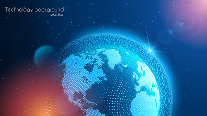 Poster - Vector blue abstract futuristic background. Luminous planet Earth is moving in outer space. Planet map. Contours of continents from shimmering chaotic particles. Science and modern technologies.