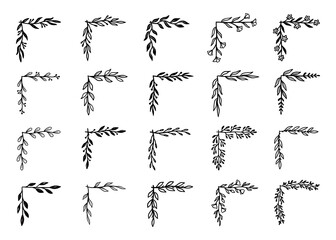 Aufkleber - Corner flourish border set. Hand drawn doodle style corner with rustic floral element. Vector illustration border.