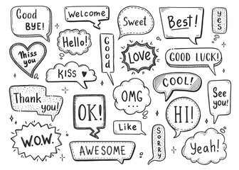Poster - Comic speech bubble set with dialog word hi, ok, bye, welcome. Hand drawn sketch doodle style. Vector illustration speech bubble chat, message element.