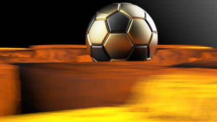 Gold-Black Soccer Ball and Rotating Hot Iron Star Abstract. 3D illustration. 3D CG. High resolution.