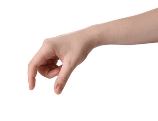 Wall Mural - woman holding something against white background, closeup