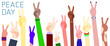 © MihalNA - Hands of different nationalities with the sign of peace. Peace Day. Flat design