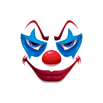 creepy clown face vector icon, smiling funster mask with makeup, red nose, lips and angry eyes. scar