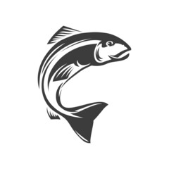 Wall Mural - Salmon ray-finned fish isolated fishery mascot monochrome icon. Vector trout fish grayling whitefish char fishing sport trophy. Underwater animal, salmon freshwater fish, seafood, marine food