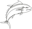 Continuous line drawing illustration of a bluefin tuna jumping side view done in mono line or doodle style in black and white on isolated background. 