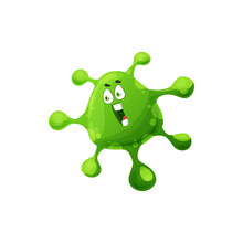 Comic Virus Isolated Green Germ Mutant, Kids Illness Character. Vector Cartoon Microorganism Emoticon, Microbe With Big Eyes. Bad Influenza Virus Dangerous Fever, Spreading Infection Monster