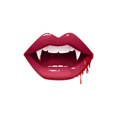 Fototapeta vampire mouth with fangs vector icon. cartoon open female red lips with long pointed teeth and bloody dripping saliva express emotion isolated on white background