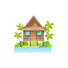 Wooden House On Sea Or Ocean With Canoe Boats, Palm Trees Isolated. Vector Modern Beach Building, Villa Seashore Bungalow. Mansion Tropical Hut On Seaside Of Island At Maldives Or Caribbean Costs