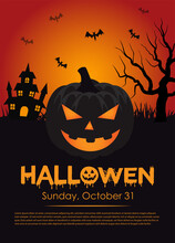 Halloween Party Flyer Template, Halloween Pumpkins Under The Moonlight, Background Pumpkins Full Moon, Red Halloween Banner
