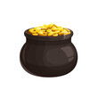 Pot with gold vector icon, leprechaun treasure, cauldron with golden coins, money isolated on white background. Irish st. Patricks Day cartoon isolated symbol