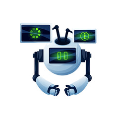 Poster - chatbot helper isolated robot with chat dashboards realistic icon. vector robot with digital screens