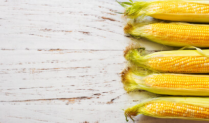 Raw corn ears on shabby white wooden table