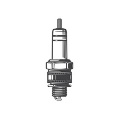 Sticker - Sparkplug hand drawn vehicle spare part isolated monochrome icon. Vector sparking plug in thick cylinder head, automobile or motorcycle spare part. Auto gear, engine maintenance and service detail