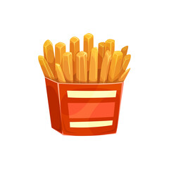 Sticker - French potato fries, fast food box menu, vector isolated icon. Fastfood restaurant, bistro and street food cafe snack or appetizer, French fries potato chips red carton pack