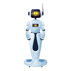Poster - artificial intelligence robotic machine robot man on stand isolated. vector android toy on remote co