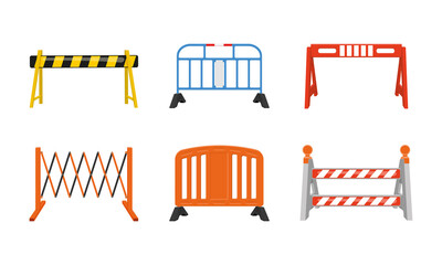 Different road barriers set. Metal and plastic traffic barricades isolated on white background. Work zone safety on highway construction. Vector cartoon illustration.