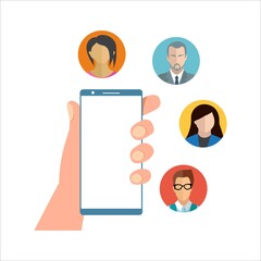 Poster - Social media vector design with a mobile on hand and floating characters. Digital mobile design for social media activity. Stylish design with a mobile on hand.