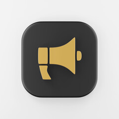 Poster - Golden megaphone icon in flat style. 3d rendering black square key button, interface ui ux element.