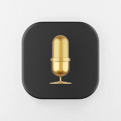 Poster - Gold microphone icon. 3d rendering black square key button, interface ui ux element.