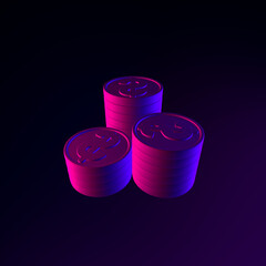Poster - Neon folded coins icon. 3d rendering ui ux interface element. Dark glowing symbol.