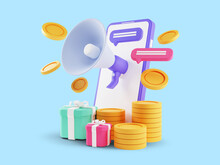 3d Render Of Refer A Friend Concept, People Share Info About Referral And Earn Money. Isolated On Blue Background