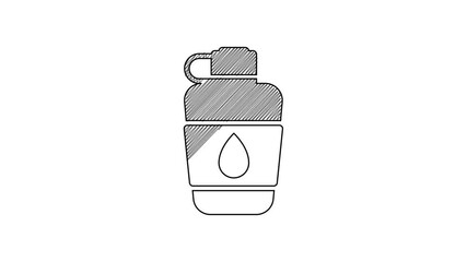 Sticker - Black line Canteen water bottle icon isolated on white background. Tourist flask icon. Jar of water use in the campaign. 4K Video motion graphic animation