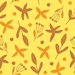 Wall Mural - flowers, leaves seamless pattern. doodle vector hand drawn minimalism simple. wallpaper, textiles, wrapping paper. brown, yellow, autumn, fall.