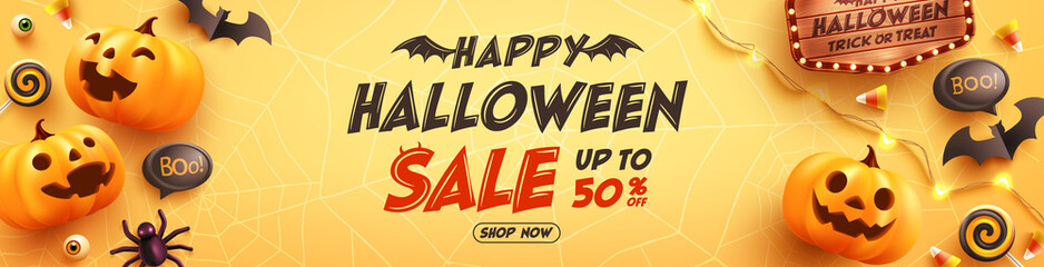 Wall Mural - Halloween Sale Promotion Poster or banner with Ghost Pumpkin,bat,candy and Halloween Elements..Website spooky,Background or yellow banner halloween template.Vector illustration eps 10