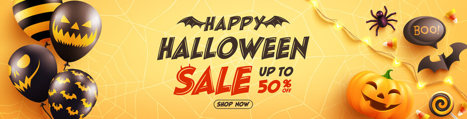 Wall Mural - Halloween Sale Promotion Poster with Halloween Ghost Balloons and Pumpkin. Scary air balloons,bat,candy and Halloween Elements on yellow background. Website spooky,Background or banner Halloween