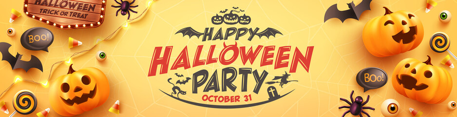 Wall Mural - Happy Halloween party Poster or banner with Ghost Pumpkin,bat,candy and Halloween Elements..Website spooky,Background or yellow banner halloween template.Vector illustration eps 10