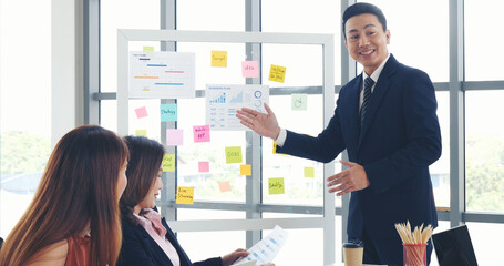 Poster - Happy business people meeting present graph chart investment, business data in meeting room. Group of business people meeting in conference room. Asian businessman speech, present teamwork partnership