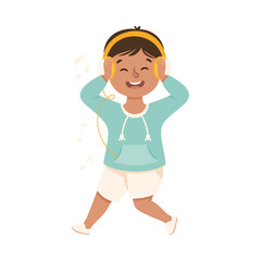 Sticker - Energetic Boy with Headphones Dancing Moving to Music Rythm Vector Illustration