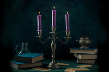 Candle Magic. The Study Of A Magician With A Candleholder, Occult Books, Divination Cards, And Potions