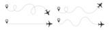 Fototapeta  - The flight path of the aircraft from the point of location along the dotted line. Flight route from a waypoint with an airplane silhouette. Vector elements.