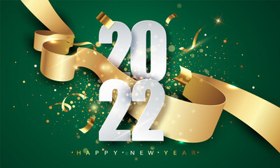 Wall Mural - 2022 green Happy New Year vector background with golden ribbon, confetti, white numbers. Christmas celebrate design. Festive premium concept template for holiday