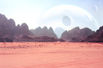 Wall Mural - landscape with sand desert, rock and planets in sky