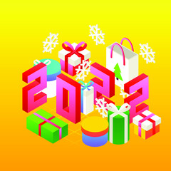 Wall Mural - New Year 2022 Presents Concept. Vector Illustration of Winter Holiday Isometry Greeting Card.